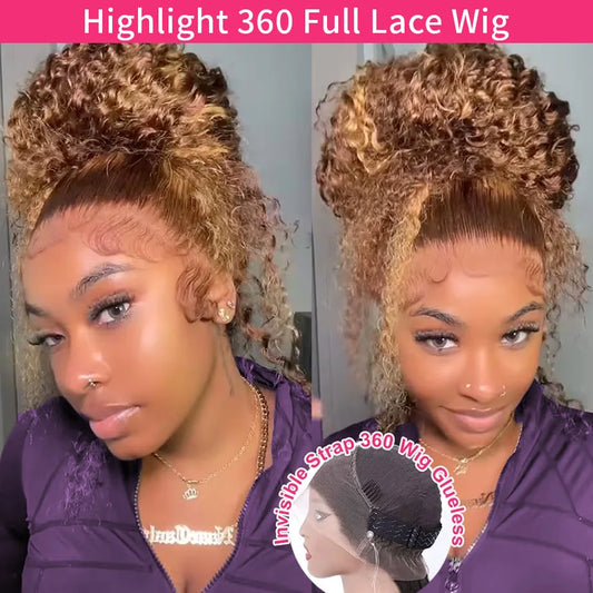 Highlight 360 Full Lace Wig Human Hair Pre Plucked Hd Deep Wave Frontal Wig Invisible Drawstring Curly Human Hair Wigs 3032 Inch