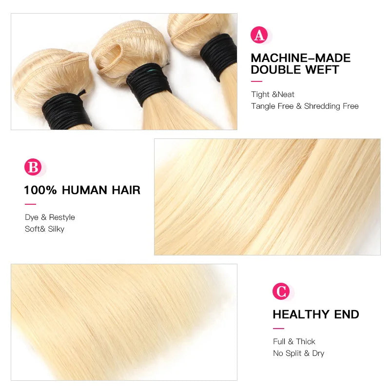 613 Blonde 1/3/4 Brazilian Hair Bundles Straight Weave Remy 100% Human Hair Weft 24 26 28 30 32 34 36 38 40 Inch Bundle Weaving