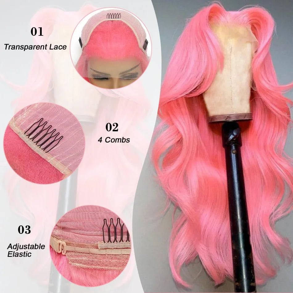 Pink Wig Body Wave Human Hair Wigs 13X6 Hd Lace Frontal Wig 30 32 Inch 13X4 Lace Front Wigs 250 Density Brazilian Hair