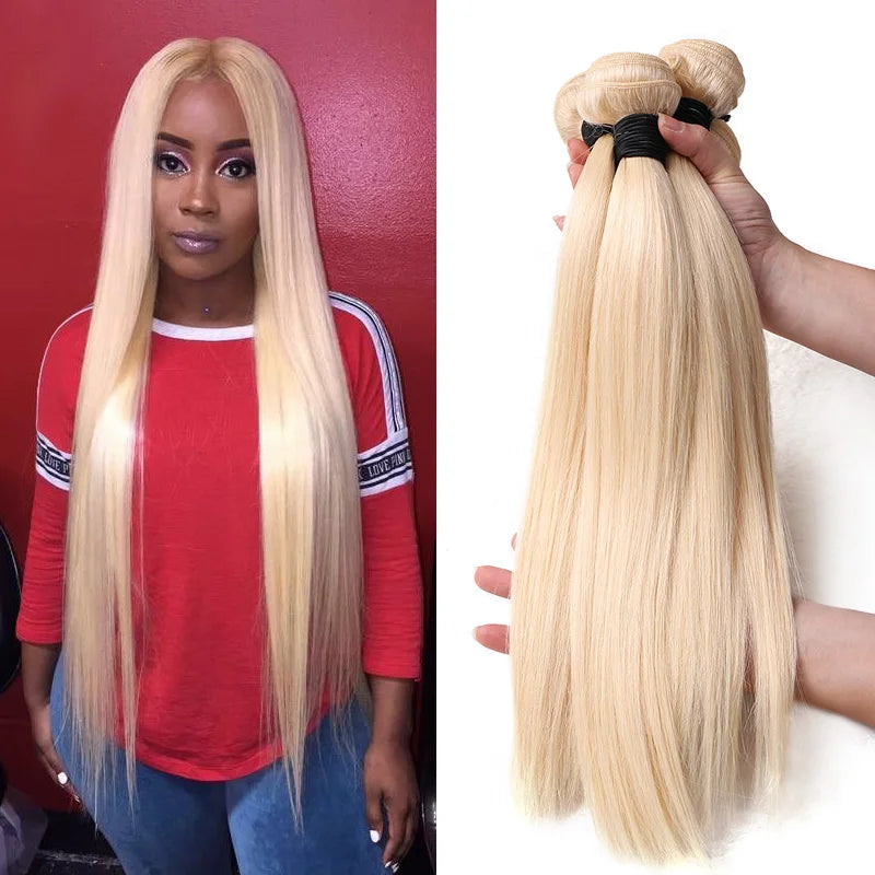 613 Blonde 1/3/4 Brazilian Hair Bundles Straight Weave Remy 100% Human Hair Weft 24 26 28 30 32 34 36 38 40 Inch Bundle Weaving