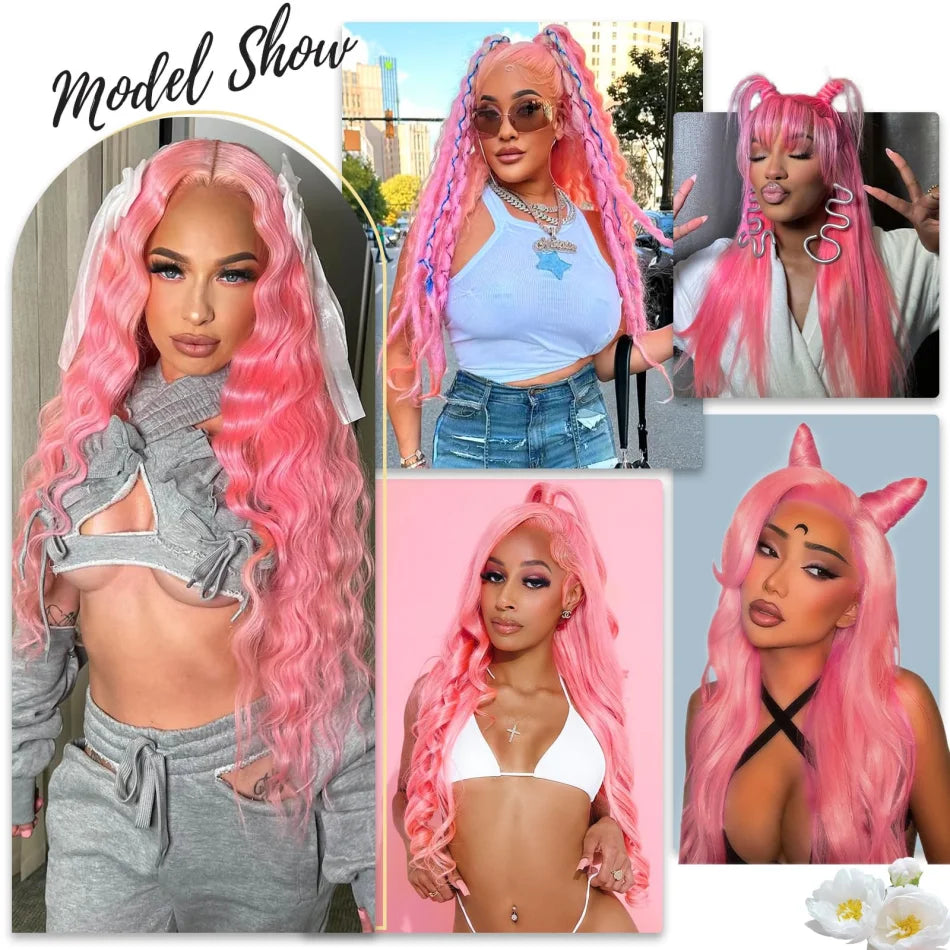 Pink Wig Body Wave Human Hair Wigs 13X6 Hd Lace Frontal Wig 30 32 Inch 13X4 Lace Front Wigs 250 Density Brazilian Hair